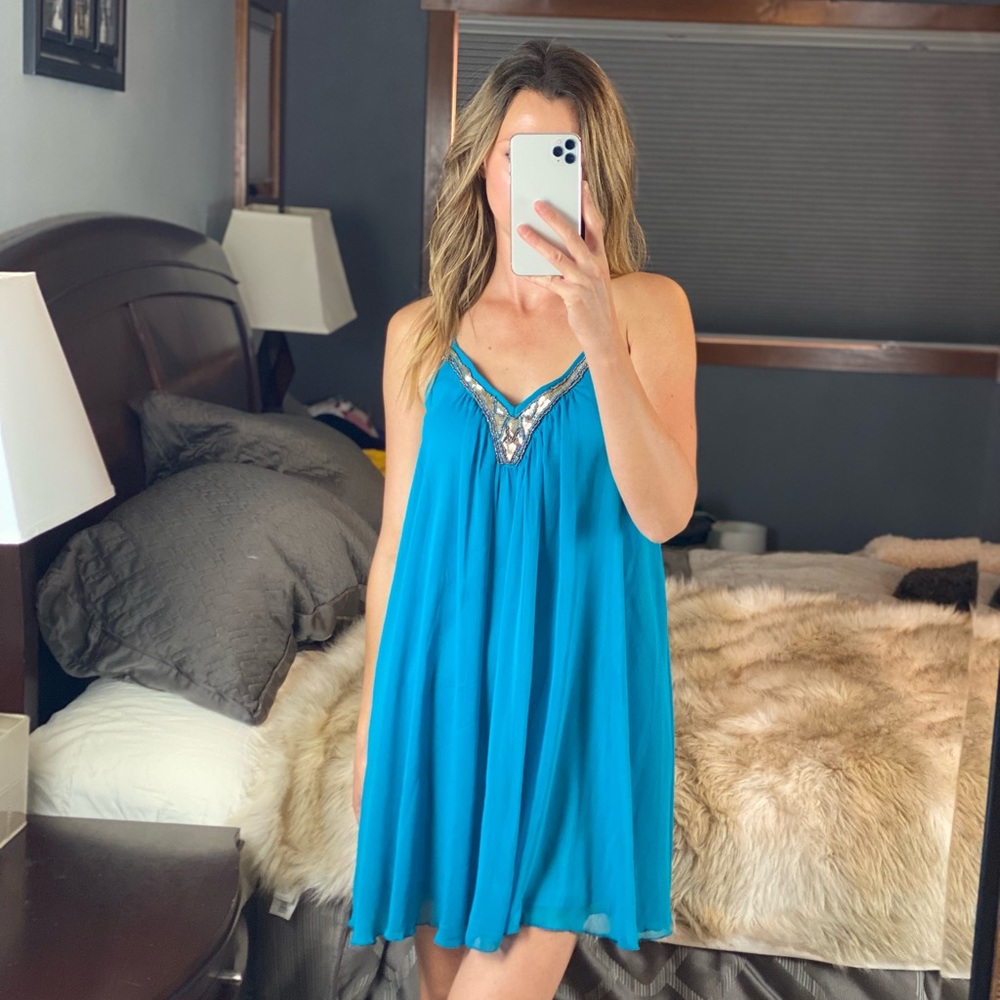 Express Sequin Sleeveless Bead Aqua Dress, Small